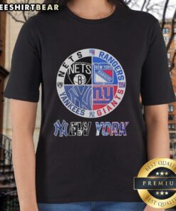Original New York Giants Yankees Nets Rangers mashup logo on a ladies tee, perfect for sports fans and collectors.