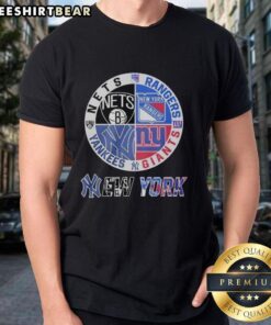 Original New York Giants, Yankees, Nets, Rangers mashup logo T-shirt featuring iconic team logos and bold design.