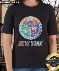 Original New York Islanders, Mets, and Jets mashup logo on a ladies tee, showcasing NYC sports team spirit.