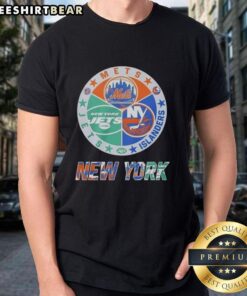Alt Text: Original New York Islanders, Mets, and Jets mashup logo T-shirt featuring vibrant graphics and team colors.