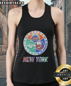 Original New York Islanders, Mets, and Jets mashup logo tank top design featuring iconic team colors and symbols.