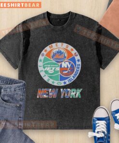 Original New York Islanders, Mets, and Jets mashup logo on a washed t-shirt, perfect for sports fans and collectors.