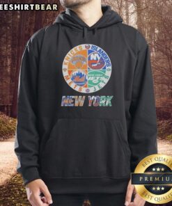 Alt Text: Original New York Islanders, Mets, Jets, Knicks mashup logo hoodie showcasing iconic NYC sports team designs.