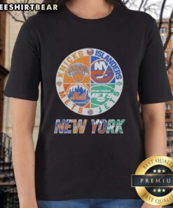 Alt Text: Original New York Islanders, Mets, Jets, Knicks mashup logo on a ladies tee, perfect for NYC sports fans.