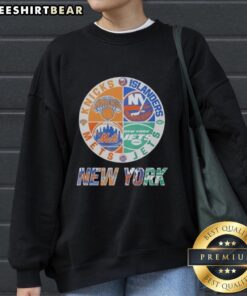 Original New York Islanders, Mets, Jets, and Knicks mashup logo sweatshirt showcasing iconic NYC sports teams.