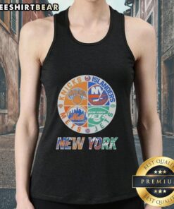 Alt Text: Original New York Islanders, Mets, Jets, and Knicks mashup logo tank top design showcasing NYC sports teams.