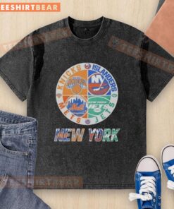 Alt Text: Original New York Islanders, Mets, Jets, Knicks mashup logo on a washed t-shirt, perfect for sports fans.