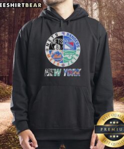 Hoodie featuring a mashup logo of New York Jets, Nets, Mets, and Rangers for sports fans.