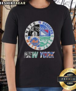 Alt Text: Original New York Jets, Nets, Mets, and Rangers mashup logo on ladies tee showcasing iconic NYC sports teams.