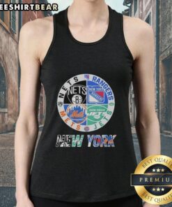 Mashup logo tank top featuring Original New York Jets, Nets, Mets, and Rangers team designs in vibrant colors.