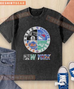 Alt Text: Original New York Jets, Nets, Mets, and Rangers mashup logo on a stylish washed t-shirt. Perfect for sports fans!