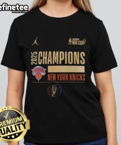 Original New York Knicks Basketball Emirates NBA Cup Champions 2025 Ladies Tee featuring team colors and logo.
