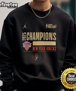 Original New York Knicks Basketball Emirates NBA Cup Champions 2025 sweatshirt featuring team colors and logo.