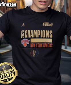 Alt Text: Original New York Knicks Basketball Emirates NBA Cup Champions 2025 T-Shirt showcasing team pride and championship spirit.