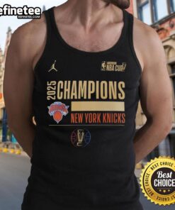 Original New York Knicks Basketball Emirates NBA Cup Champions 2025 tank top featuring team logo and vibrant colors.