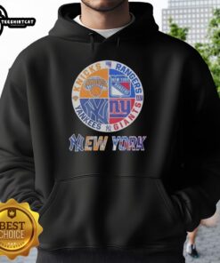 Alt Text: Original New York Knicks, Rangers, Yankees, Giants mashup logo hoodie showcasing iconic NYC sports team logos.