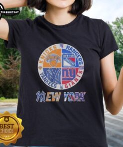 Original New York Knicks, Rangers, Yankees, and Giants mashup logo on a ladies tee, perfect for NYC sports fans.