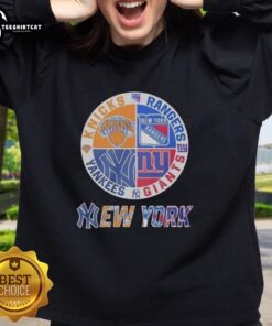 Alt Text: Original New York Knicks, Rangers, Yankees, and Giants mashup logo sweatshirt showcasing iconic NYC sports teams.