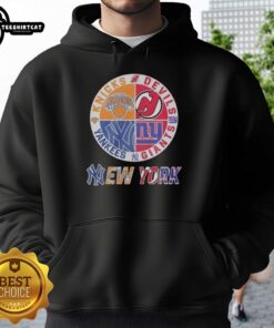 Original New York Knicks, Yankees, Giants, and Devils mashup logo hoodie showcasing iconic team logos in vibrant colors.