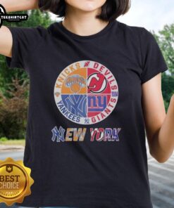 Alt Text: Mashup logo of New York Knicks, Yankees, Giants, and New Jersey Devils on a ladies tee shirt design.