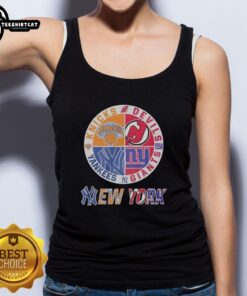 Alt Text: Stylish tank top featuring a mashup logo of the New York Knicks, Yankees, Giants, and New Jersey Devils.