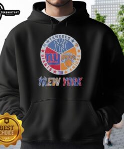 Alt Text: Original New York Knicks Yankees Giants mashup logo hoodie showcasing iconic team designs in vibrant colors.