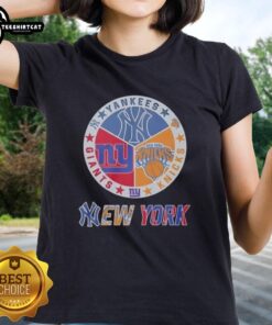 Alt Text: Original New York Knicks, Yankees, and Giants mashup logo on a ladies tee, showcasing NYC sports team pride.