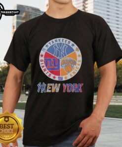 Original New York Knicks, Yankees, Giants mashup logo t-shirt featuring vibrant team colors and iconic designs.