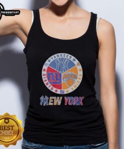 Original New York Knicks, Yankees, and Giants mashup logo tank top featuring vibrant team colors and iconic designs.