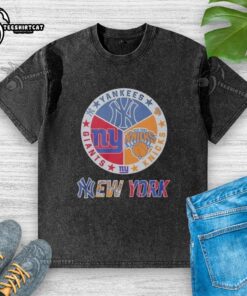 Original New York Knicks Yankees Giants mashup logo on a washed t-shirt, perfect for sports fans and streetwear enthusiasts.