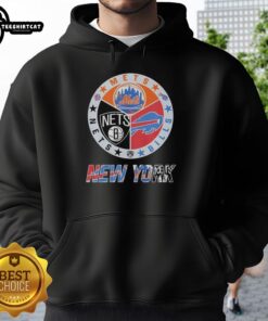 Original New York Mets, Brooklyn Nets, and Buffalo Bills mashup logo hoodie showcasing vibrant team graphics.