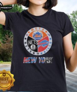 Original New York Mets, Brooklyn Nets, and Buffalo Bills mashup logo on a stylish ladies tee, perfect for sports fans.