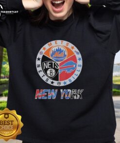 Original New York Mets, Brooklyn Nets, and Buffalo Bills mashup logo sweatshirt featuring vibrant team colors.