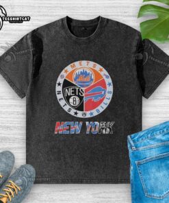 Original New York Mets Brooklyn Nets Buffalo Bills mashup logo on a washed t-shirt, perfect for sports fans.
