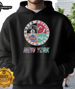 Alt Text: Original New York Mets, Jets, Brooklyn Nets, and Devils mashup logo hoodie showcasing vibrant team colors and designs.