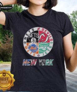 Original New York Mets, Jets, Brooklyn Nets, and Devils mashup logo on a ladies tee, perfect for sports fans.