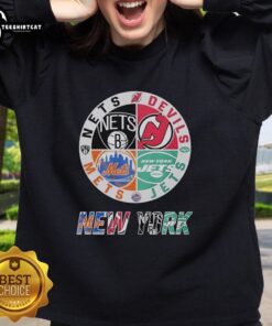 Alt Text: Original New York Mets, Jets, Brooklyn Nets, and New Jersey Devils mashup logo sweatshirt featuring vibrant team colors.
