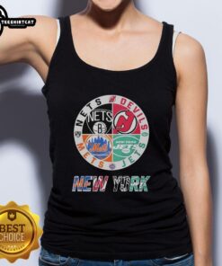 Alt Text: Mashup logo tank top featuring Original New York Mets, Jets, Brooklyn Nets, and New Jersey Devils designs.