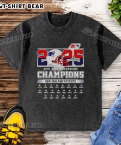 Alt Text: Original New York Patriots football helmet design on a 2025 AFC East Division Champions washed t-shirt.