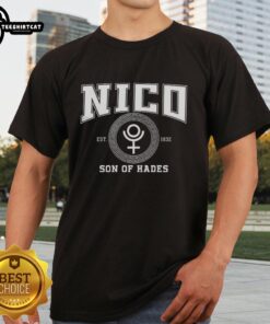 Alt Text: Original Nico Son of Hades Underworld Crest T-Shirt featuring a striking design and dark, mythological theme.