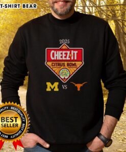 Original Official Michigan Wolverines vs Texas Longhorns 2025 Cheez-It Citrus Bowl sweatshirt showcasing team logos.