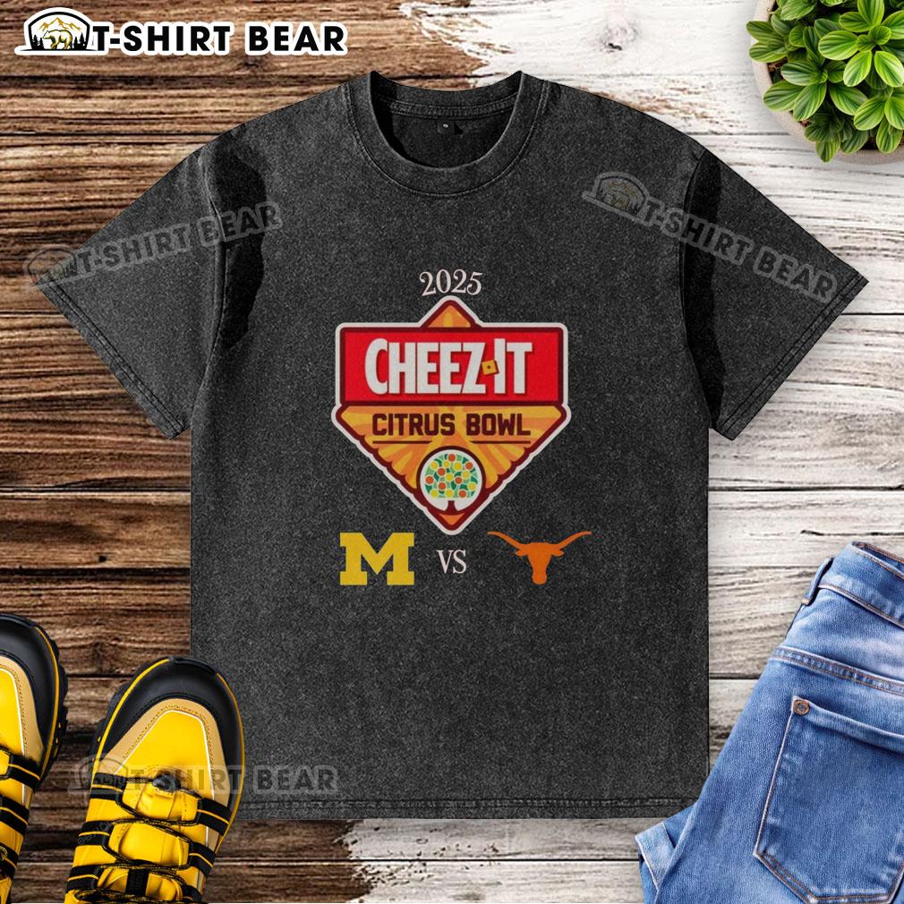 Original Official Michigan Wolverines Vs Texas Longhorns 2025 Cheez-It Citrus Bowl Washed T-Shirt Alt Text: Original Official Michigan Wolverines vs Texas Longhorns 2025 Cheez-It Citrus Bowl washed t-shirt design.
