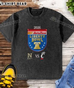 Alt Text: 2026 AutoZone Liberty Bowl matchup t-shirt featuring Navy Midshipmen vs Cincinnati Bearcats design.