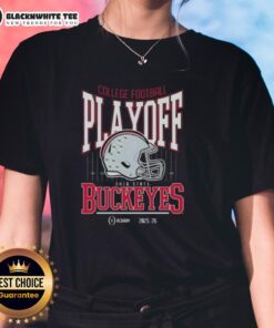 Alt Text: Original Ohio State Buckeyes College Football Playoff 2025-26 ladies tee shirt in red with logo design.