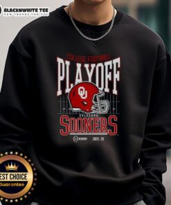 Oklahoma Sooners 2025-2026 College Football Playoff Bound helmet sweatshirt featuring team logo and vibrant colors.