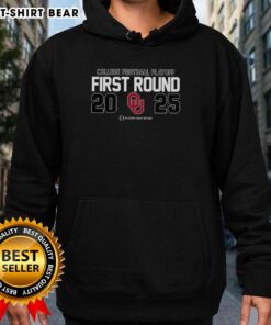 Alt Text: Original Oklahoma Sooners NCAA 2025 College Football Playoff First Round logo hoodie in red with white accents.