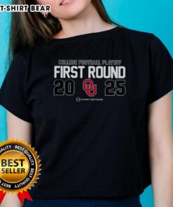 Alt Text: Original Oklahoma Sooners NCAA 2025 College Football Playoff First Round Logo Ladies Tee for fans and supporters.