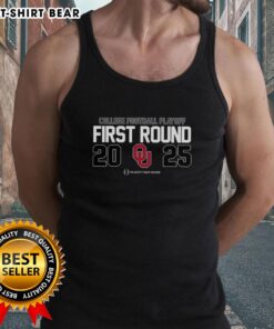 Alt Text: Original Oklahoma Sooners NCAA 2025 College Football Playoff First Round logo on a stylish tank top design.
