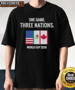 Original One Game Three Nations World Cup 2026 T-Shirt featuring vibrant graphics and a dynamic design for soccer fans.