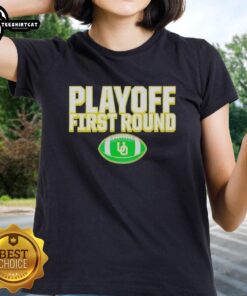 Original Oregon Ducks 2025 CFP First Round Winner Ladies Tee featuring team logo and vibrant colors for fans.